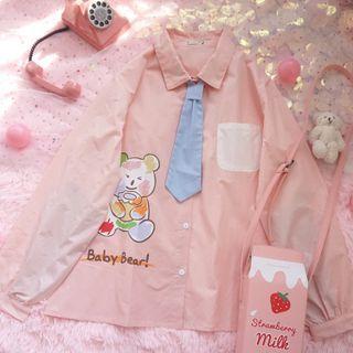 Long-sleeve Bear Print Necktie Shirt