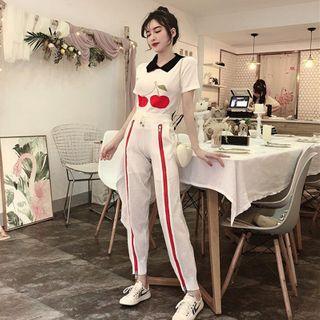 Cherry Print Short-sleeve Knit Top / Striped Cropped Harem Pants