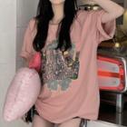 Elbow-sleeve Round Neck Print T-shirt