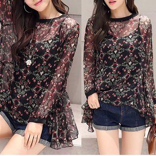 Set: Plain Camisole Top + Printed Long-sleeve Top
