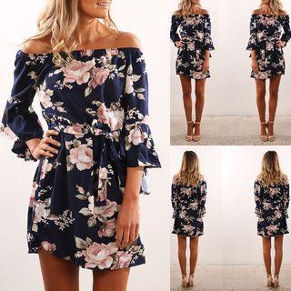 Printed Off-shoulder 3/4 Sleeve A-line Dress