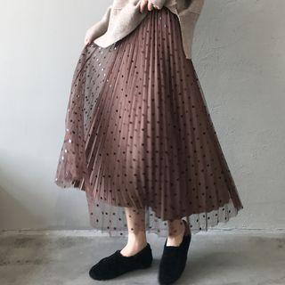 Dotted Mesh Midi A-line Pleated Skirt