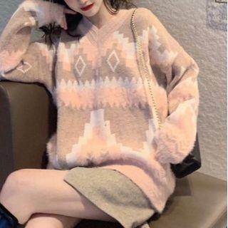 Printed V-neck Loose-fit Knit Cardigan