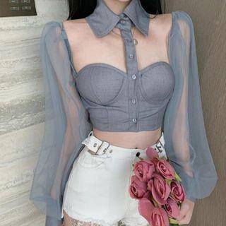 Mesh Panel Halter-neck Cropped Blouse