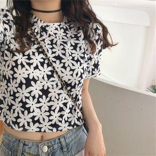 Flower Print Short-sleeve Cropped T-shirt / Wide-leg Jeans