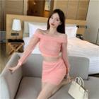 Set: Puff-sleeve Lettering Cropped Top + Pencil Skirt