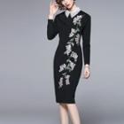 Long-sleeve Floral Embroidered Bodycon Dress