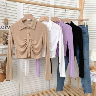 Polo-collar Button-up Ruched Crop Top In 8 Colors