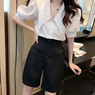 Set: Puff Sleeve Rhinestone Collar Blouse + A-line Shorts