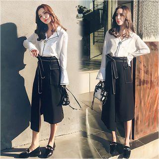 Contrast Trim Blouse / Irregular Hem Midi A-line Skirt / Set
