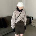 Plain V-neck Long-sleeve Cropped Top / High-waist Skirt