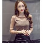 Sheer Long-sleeve Top / Faux Leather Mini Skirt / Set: Sheer Long-sleeve Top + Faux Leather Mini Skirt