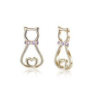 925 Sterling Silver Plated Champagne Gold Simple And Cute Cat Stud Earrings With Purple Austrian Element Crystal Champagne - One Size