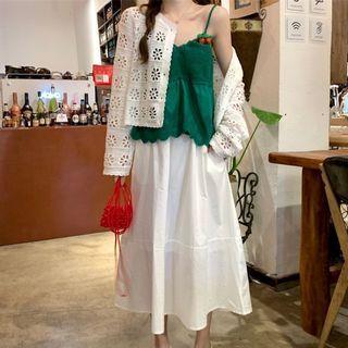 Knit Panel Camisole Top / Eyelet Lace Cardigan / Midi A-line Skirt