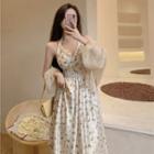 Halter-neck Floral Print Midi Dress / Mesh Cardigan