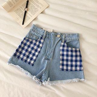 Plaid Pocket Panel High-waist Frayed Denim Shorts
