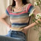 Short-sleeve Square-neck Striped Knit T-shirt Blue - One Size