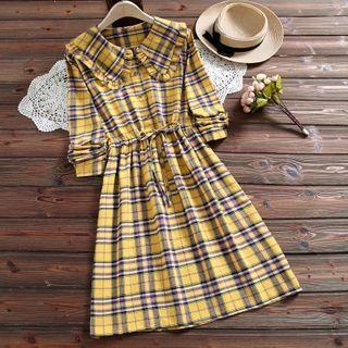 Plaid Drawstring-waist A-line Shirtdress