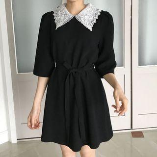 Embroidered Collar Elbow-sleeve Shift Dress