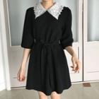 Embroidered Collar Elbow-sleeve Shift Dress