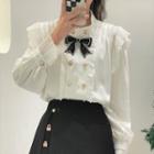 Long-sleeve Bow Accent Ruffle Trim Blouse White - One Size