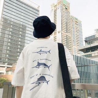 Fish Printed Elbow-sleeve T-shirt