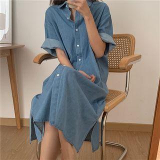 Elbow-sleeve Midi A-line Shirt Dress Blue - One Size