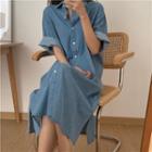 Elbow-sleeve Midi A-line Shirt Dress Blue - One Size