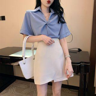 Knotted Plain Shirt / Asymmetric A-line Skirt