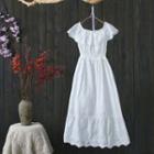 Off-shoulder Short-sleeve Midi A-line Dress White - One Size