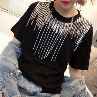 Sequined Fringed Short-sleeve T-shirt