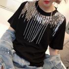 Sequined Fringed Short-sleeve T-shirt