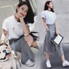 Set: Short-sleeve Fox Embroidered T-shirt + Striped Midi A-line Skirt