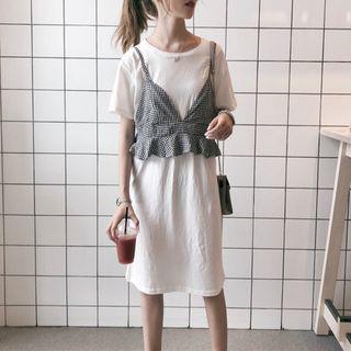 Set: Plain Short-sleeve T-shirt Dress + Plaid Camisole Top
