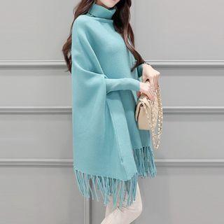 Fringe Hem Turtleneck Cape Sweater