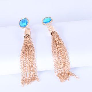 Rhinestone Metal Fringe Earring 1 Pair - Blue & Gold - One Size