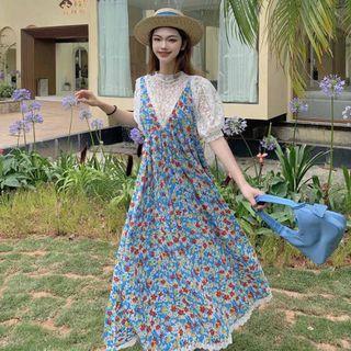 Puff-sleeve Lace Blouse / Floral Print Midi Overall Dress