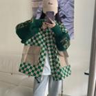 Plaid Panel Lettering Knit Jacket Green - One Size