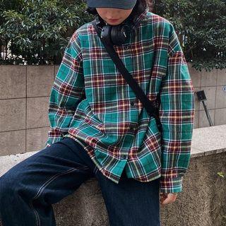 Long-sleeve Plaid Shirt Plaid - Gray & Green - One Size