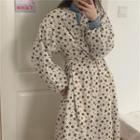 Long-sleeve Flower Print Midi A-line Dress White - One Size