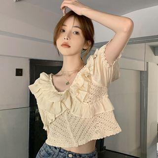 Short-sleeve Ruffle Trim Crochet Panel Cropped Blouse