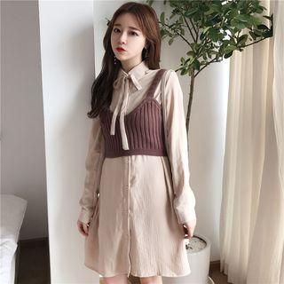 Bow-tied Shirtdress/sleeveless Cropped Knit Top