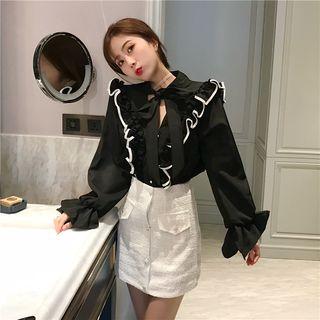 Ruffle Trim Blouse / High Waist Tweed Skirt