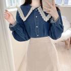 Sailor-collar Lace-trim Denim Blouse Dark Blue - One Size