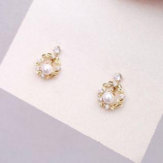 925 Sterling Silver Rhinestone Faux Pearl Branches Hoop Earring Gold - One Size