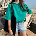 Color-block Short-sleeve Top Green - One Size