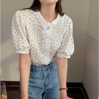 Short-sleeve Floral Blouse Yellow & Green & White - One Size