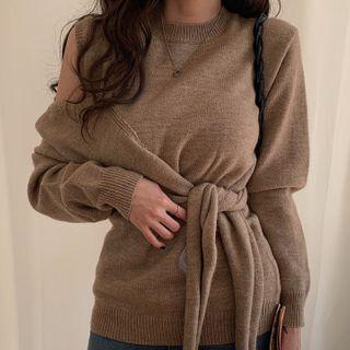 Cutout-shoulder Tie-waist Knit Top