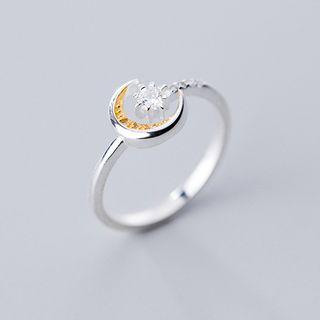 925 Sterling Silver Rhinestone Moon & Star Open Ring S925 Silver - Ring - Yellow & Silver - One Size