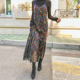 Spaghetti-strap Bloom Maxi Mermaid Dress Black - One Size